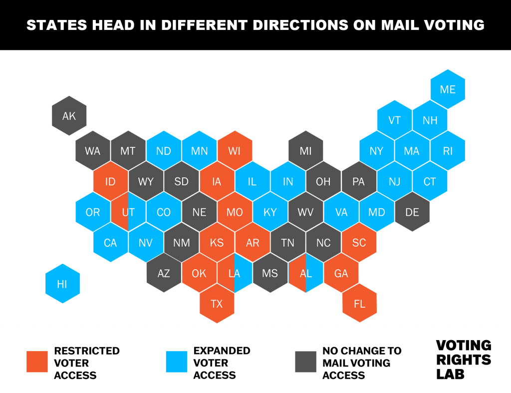 Map of US showing states restricting or expanding voter access