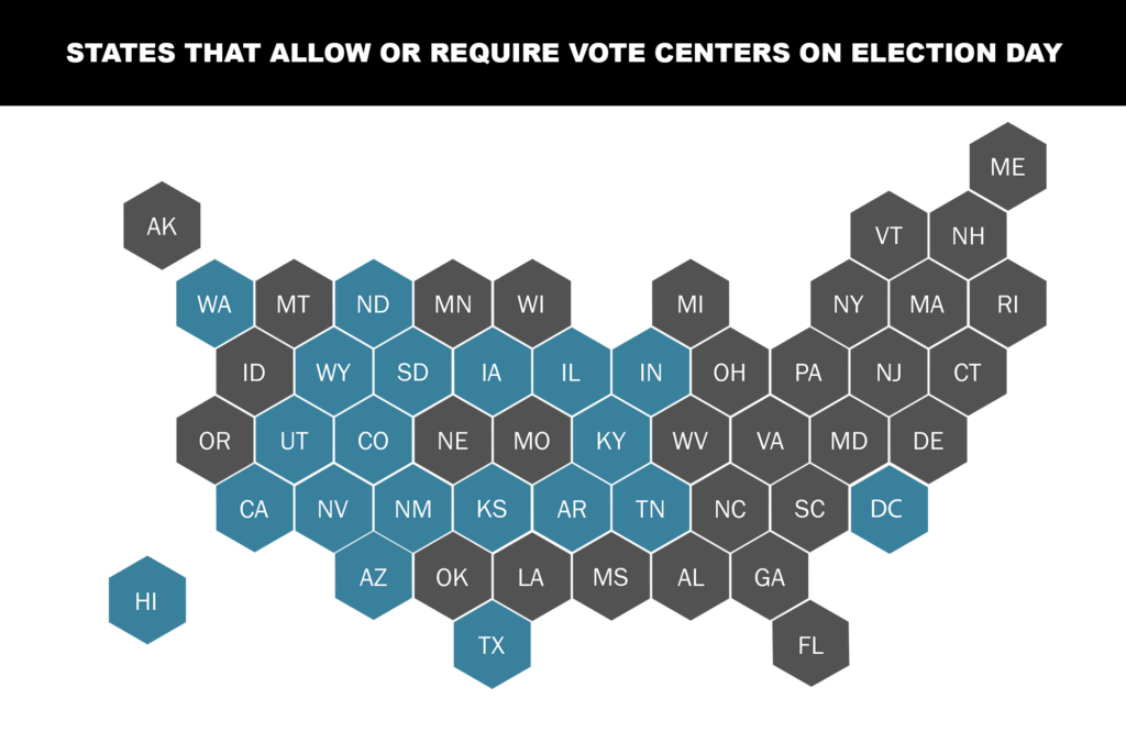 map that shows states that allow or require vote centers on election day