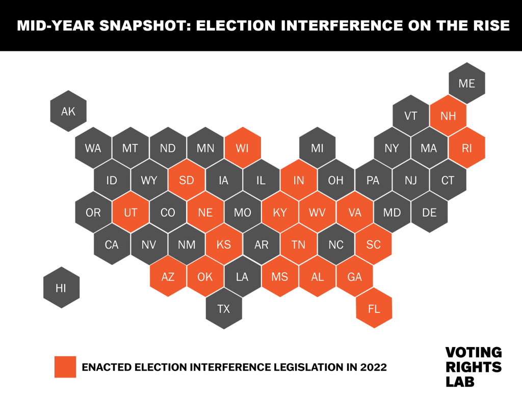 Map of states that enacted election interference legislation in 2022