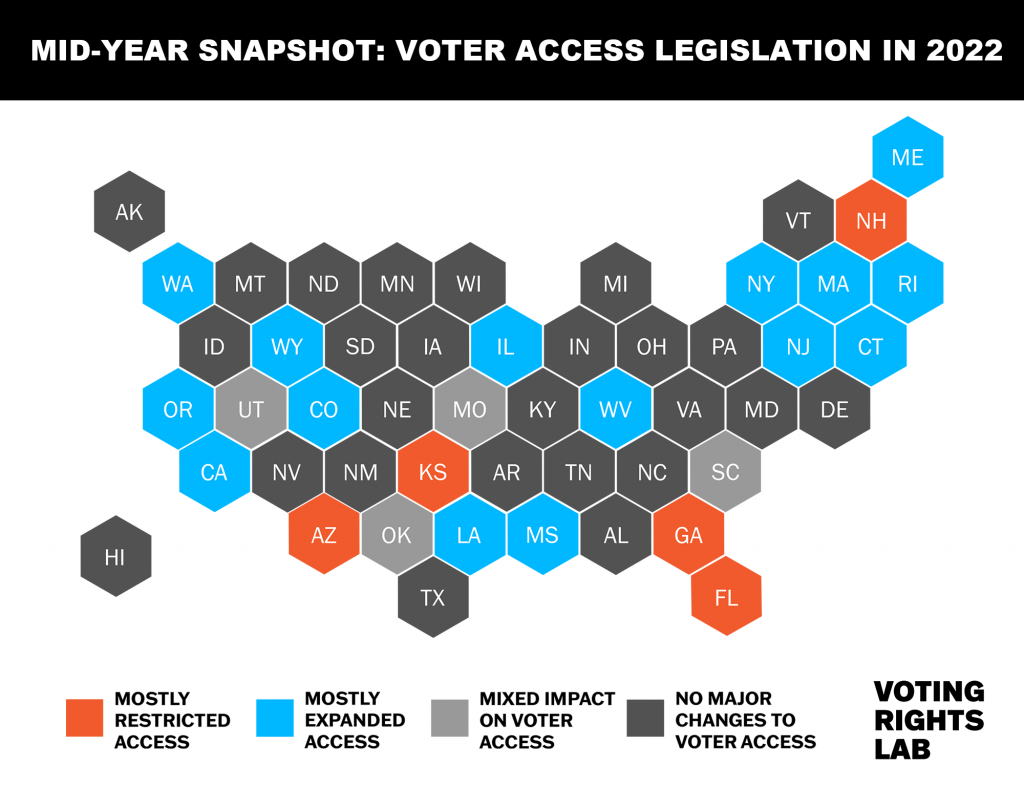 Map of US showing how each state either expanded or restricted access to voters