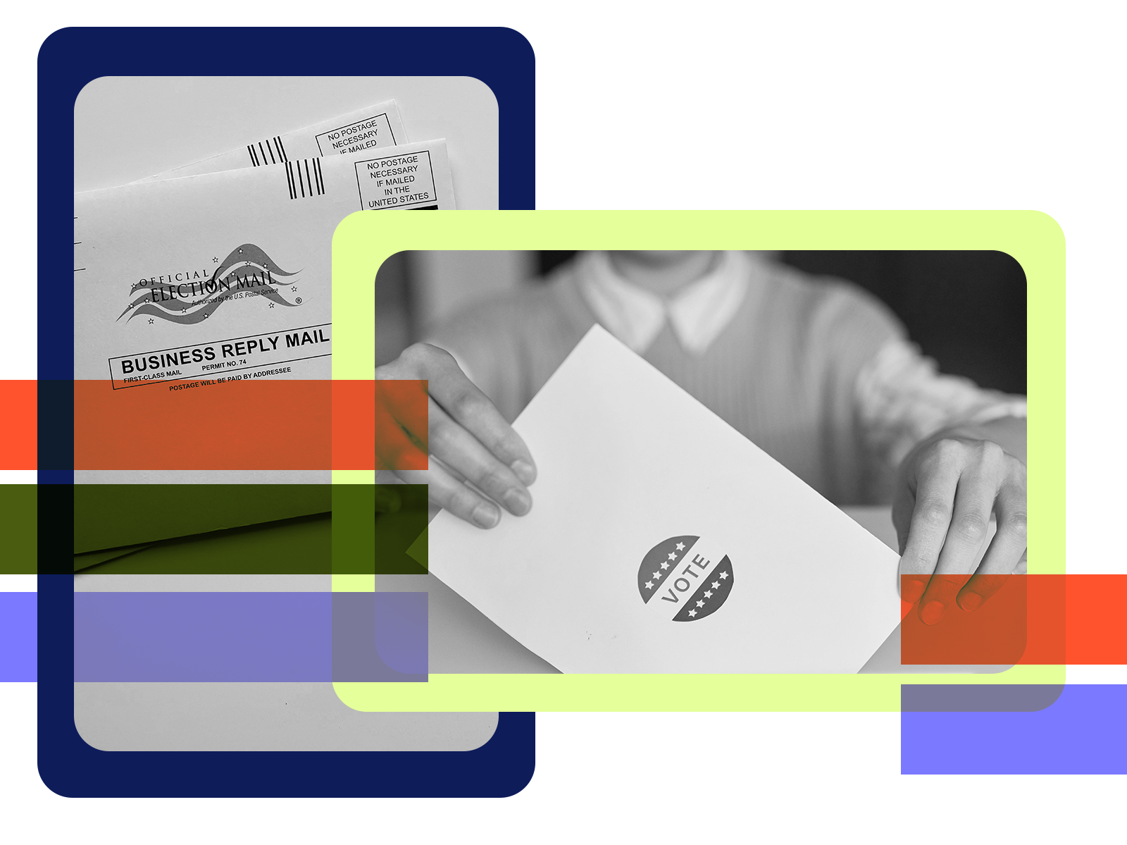 A collage showing mail voting materials: official election mail envelopes and a person holding a ballot envelope, overlaid with bold geometric color blocks.
